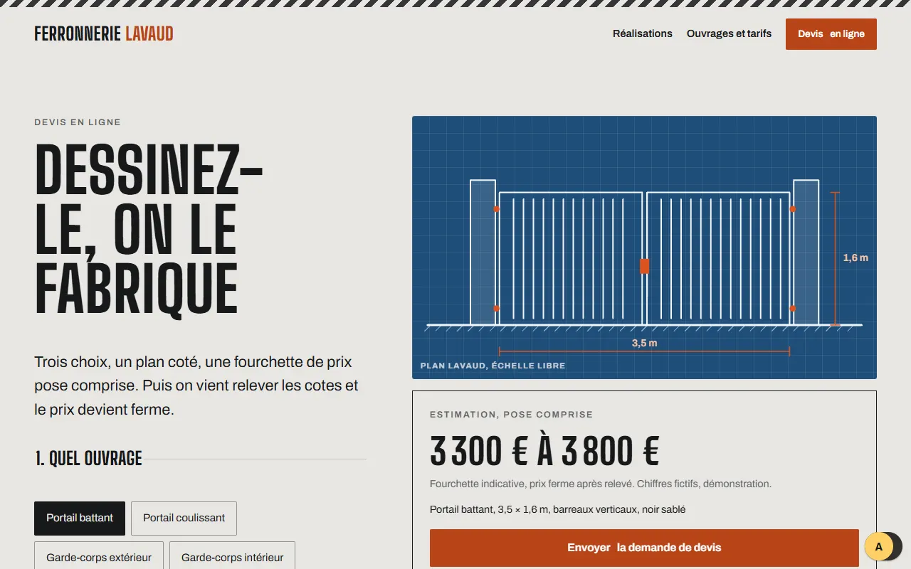 Configurateur de devis de Ferronnerie Lavaud, entreprise fictive, qui redessine le plan selon les choix