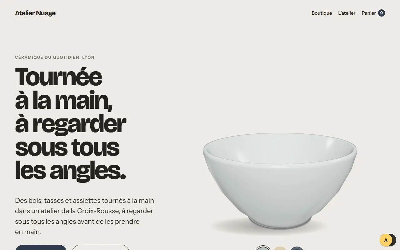 Bol en céramique en 3D sur la page d’accueil d’Atelier Nuage, boutique fictive