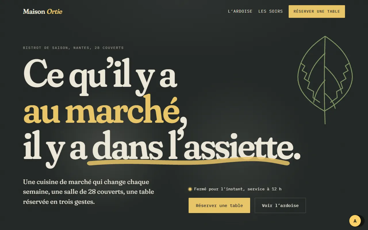 Site complet de Maison Ortie, bistrot fictif, sur ordinateur