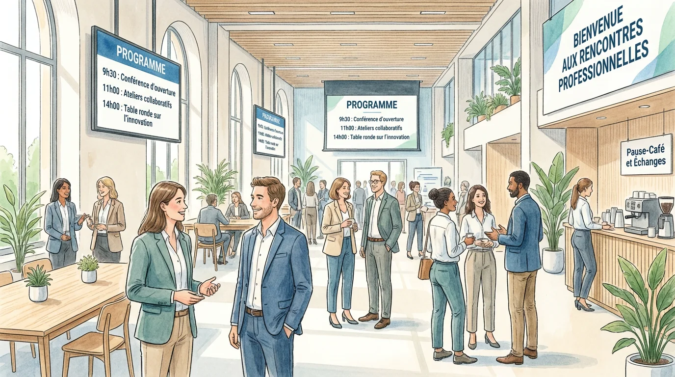 An image showing a group of people gathered in a large room, talking together.