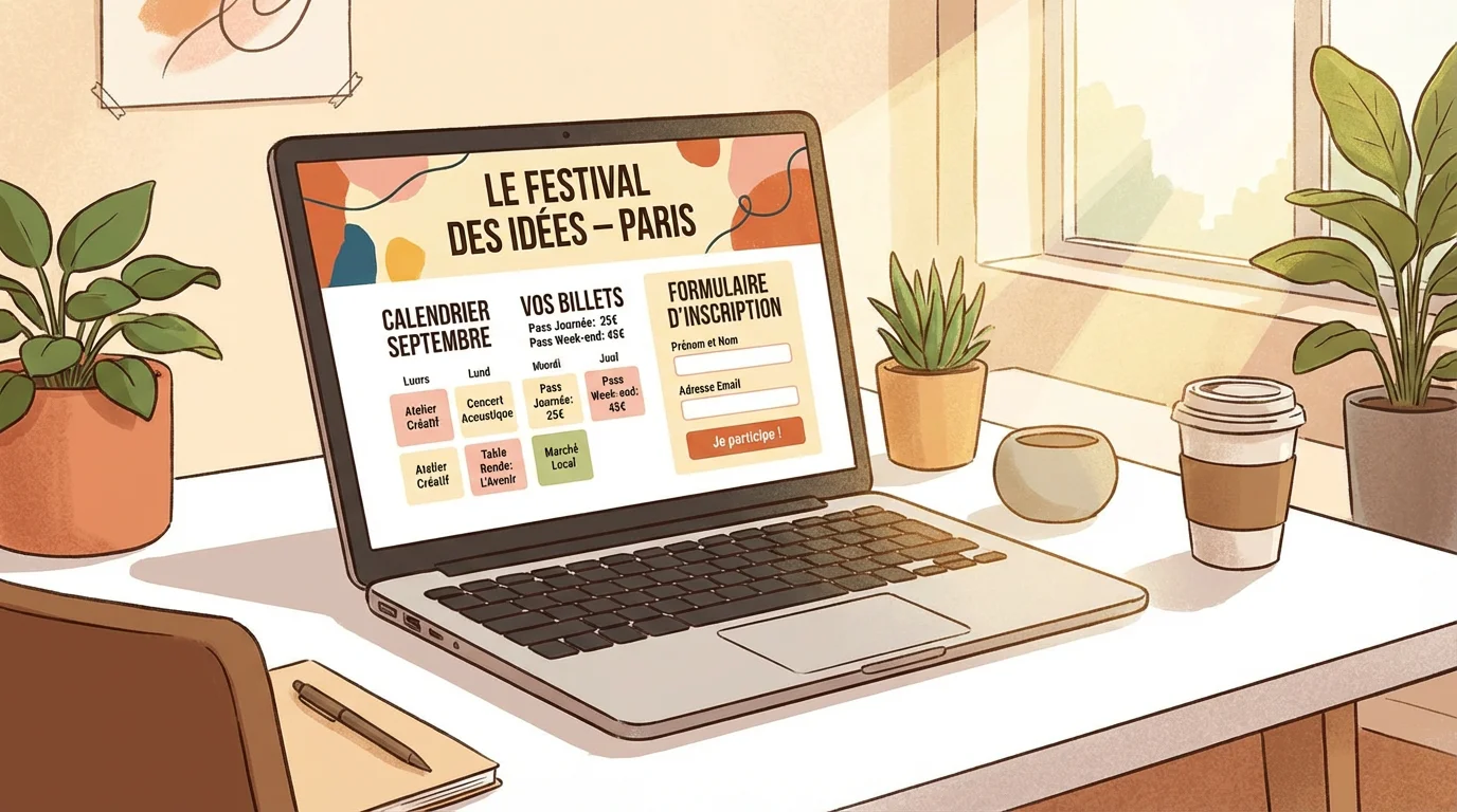 Écran d'ordinateur affichant un site internet événementiel avec calendrier et billetterie