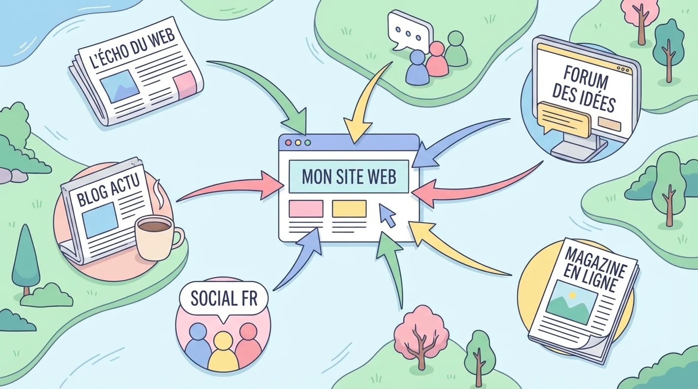 Illustration d'une stratégie de link-building montrant plusieurs sources de backlinks (blog, forum, magazine en ligne, réseaux sociaux, presse web) pointant vers un site web central via des flèches colorées.
