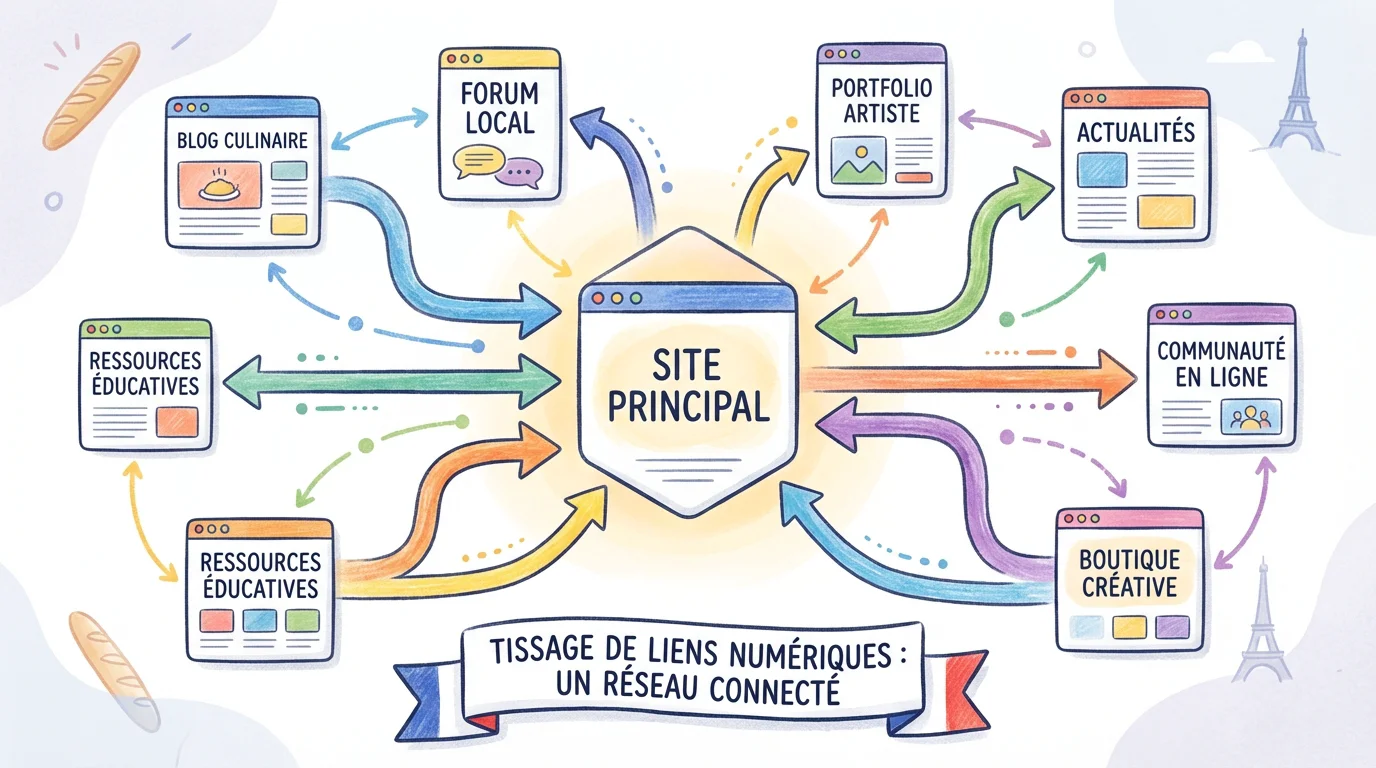 Schéma illustrant le concept de link building avec un réseau de liens pointant vers un site web central