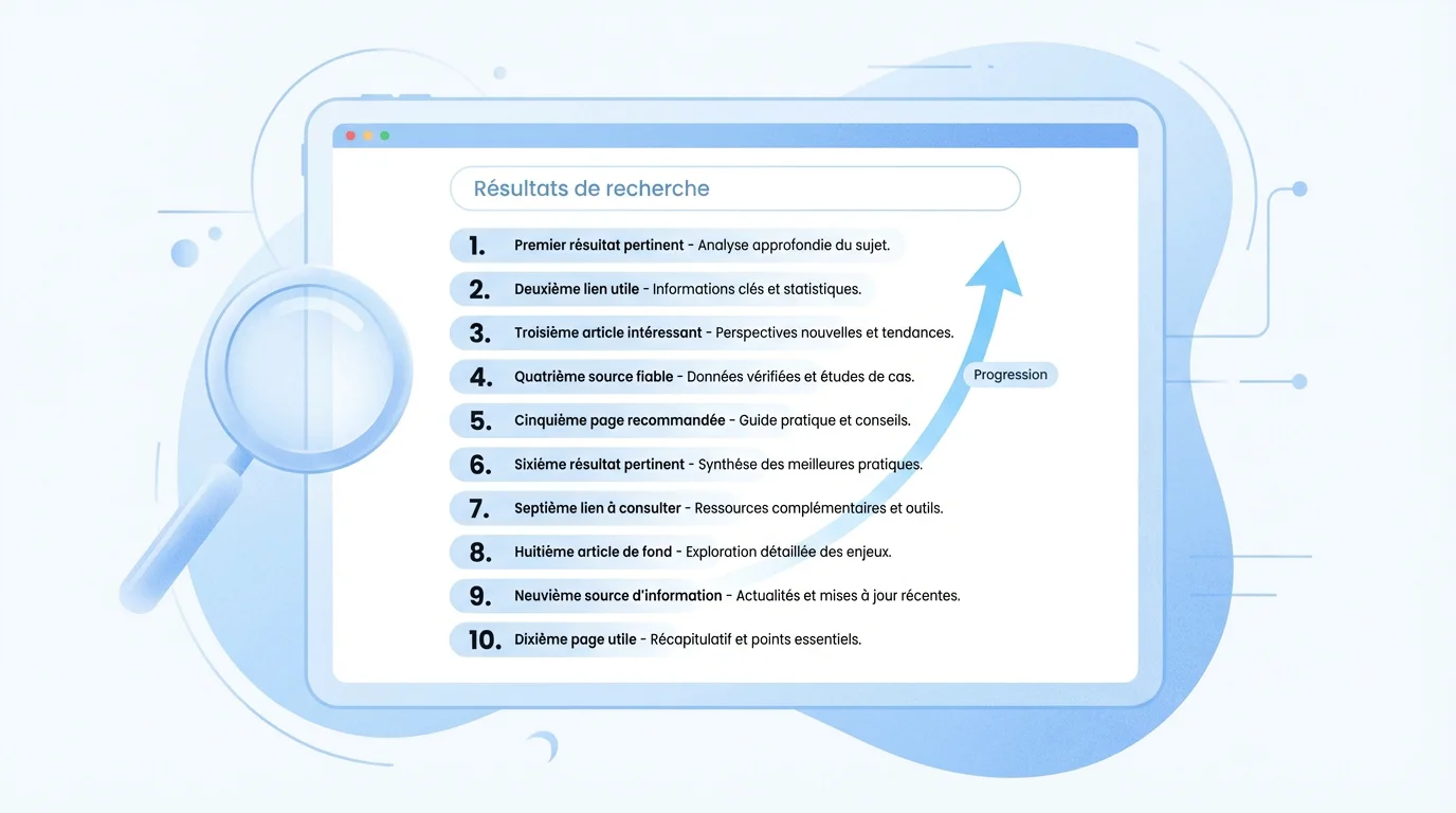 Illustration d'une page de résultats de recherche (SERP) affichant 10 résultats numérotés avec une flèche de progression vers le haut, représentant l'amélioration de la position d'un mot-clé en SEO