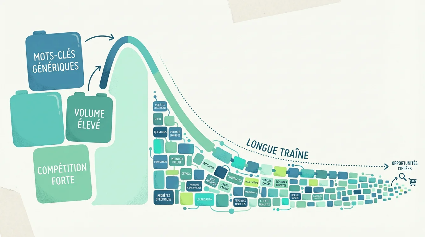 Graphique illustrant le concept de longue traîne en SEO avec des mots clés génériques et spécifiques