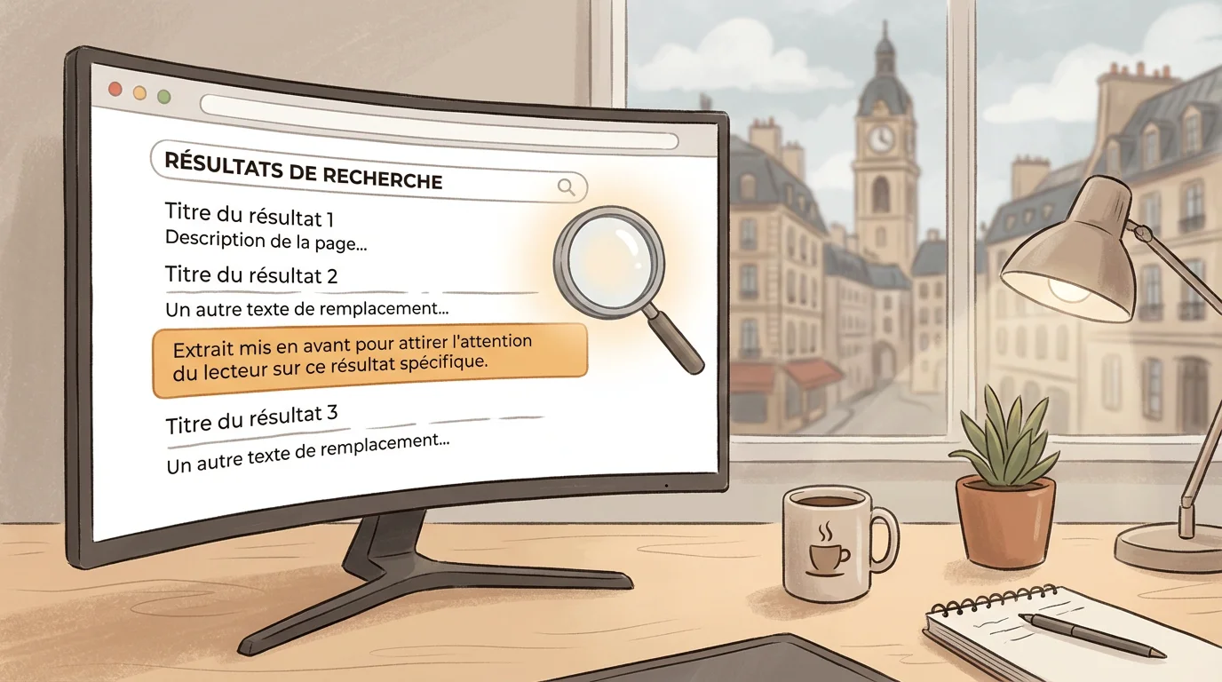 Illustration d'une page de résultats de recherche Google montrant comment améliorer sa position mot-clé grâce à un extrait mis en avant (featured snippet) surligné en orange dans les SERPs.