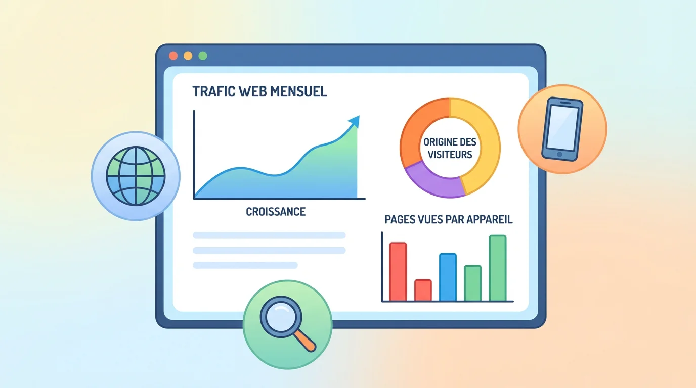 Illustration d'un dashboard d'analyse de trafic site webaffichant une courbe de croissance mensuelle, un graphiqueen donut sur l'origine des visiteurs et un histogramme despages vues par appareil, entourés d'icônes web, mobile etloupe symbolisant le suivi analytique.