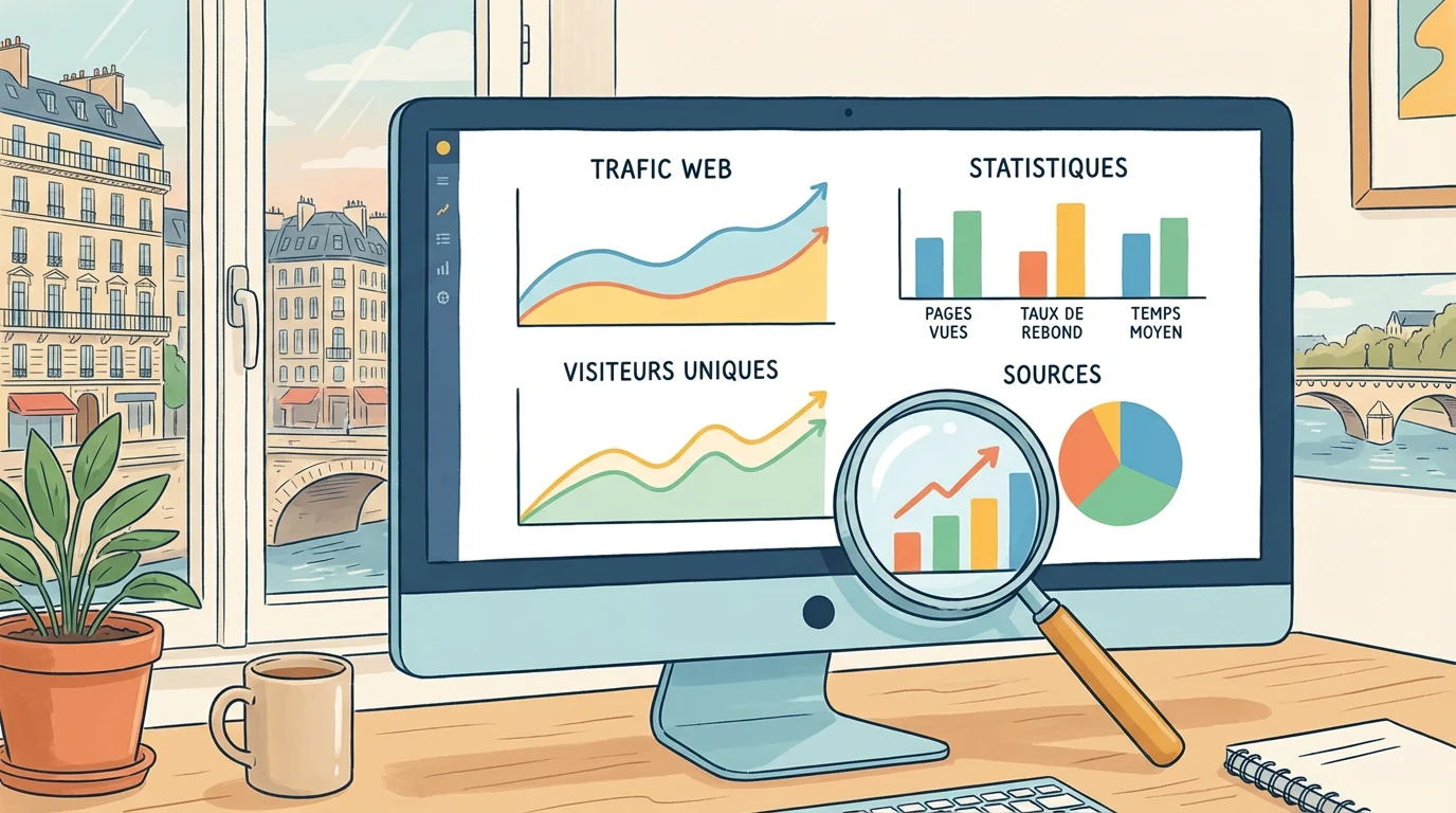 Écran d'ordinateur affichant des graphiques d'analyse de trafic web dans un espace de travail