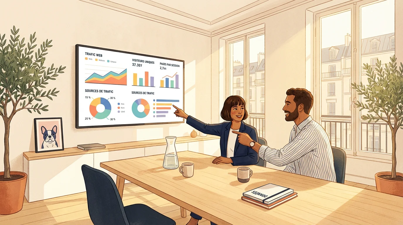 Deux collaborateurs d'une agence web analytics en réunion désignant un grand écran mural affichant un tableau de bord de trafic web avec 37 307 visiteurs uniques, 2,7 pages par session, des graphiques de sources de trafic en camembert et en barres, dans une salle lumineuse avec vue sur Paris.