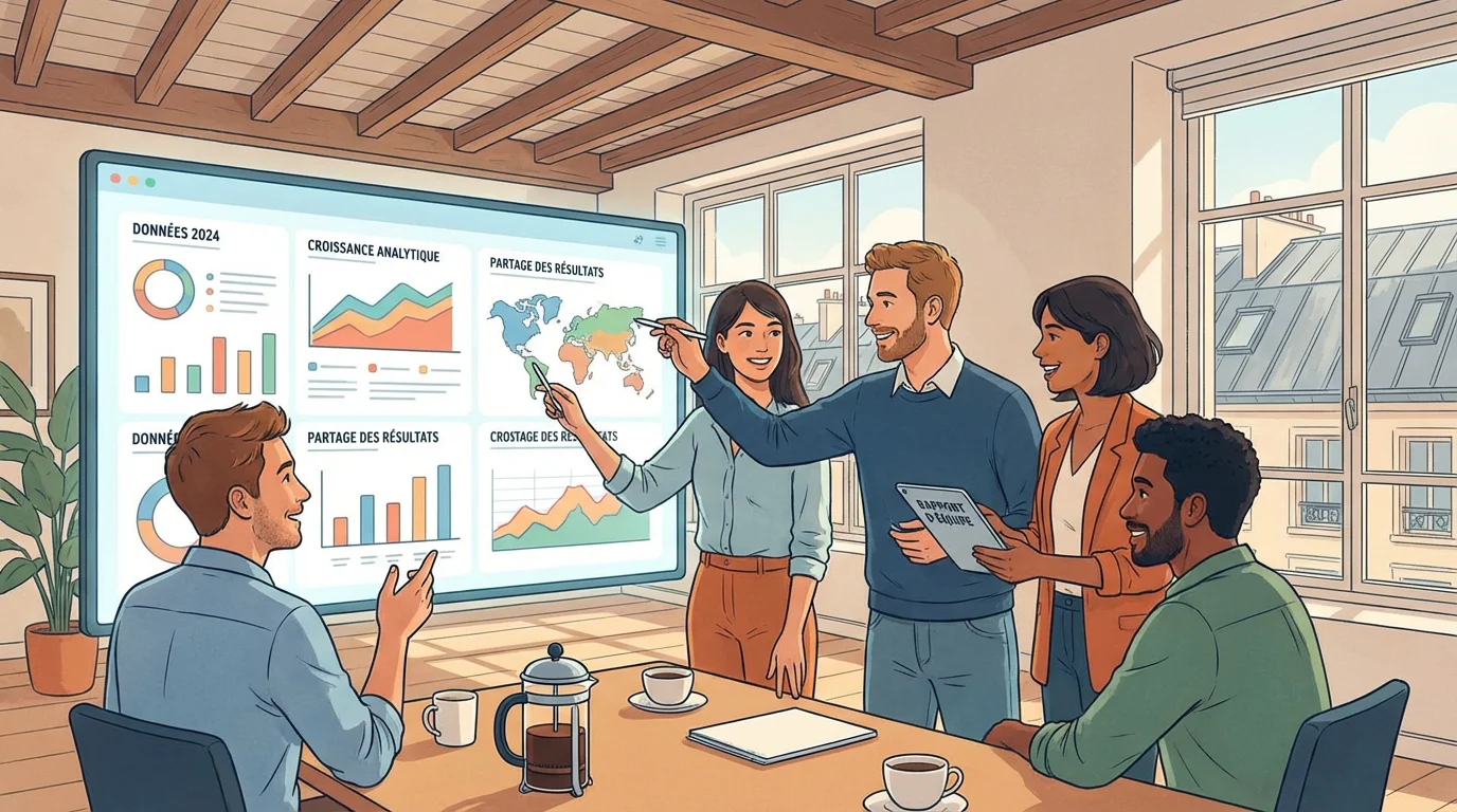 Équipe d'analystes web collaborant autour d'un tableau de bord de données dans un bureau moderne