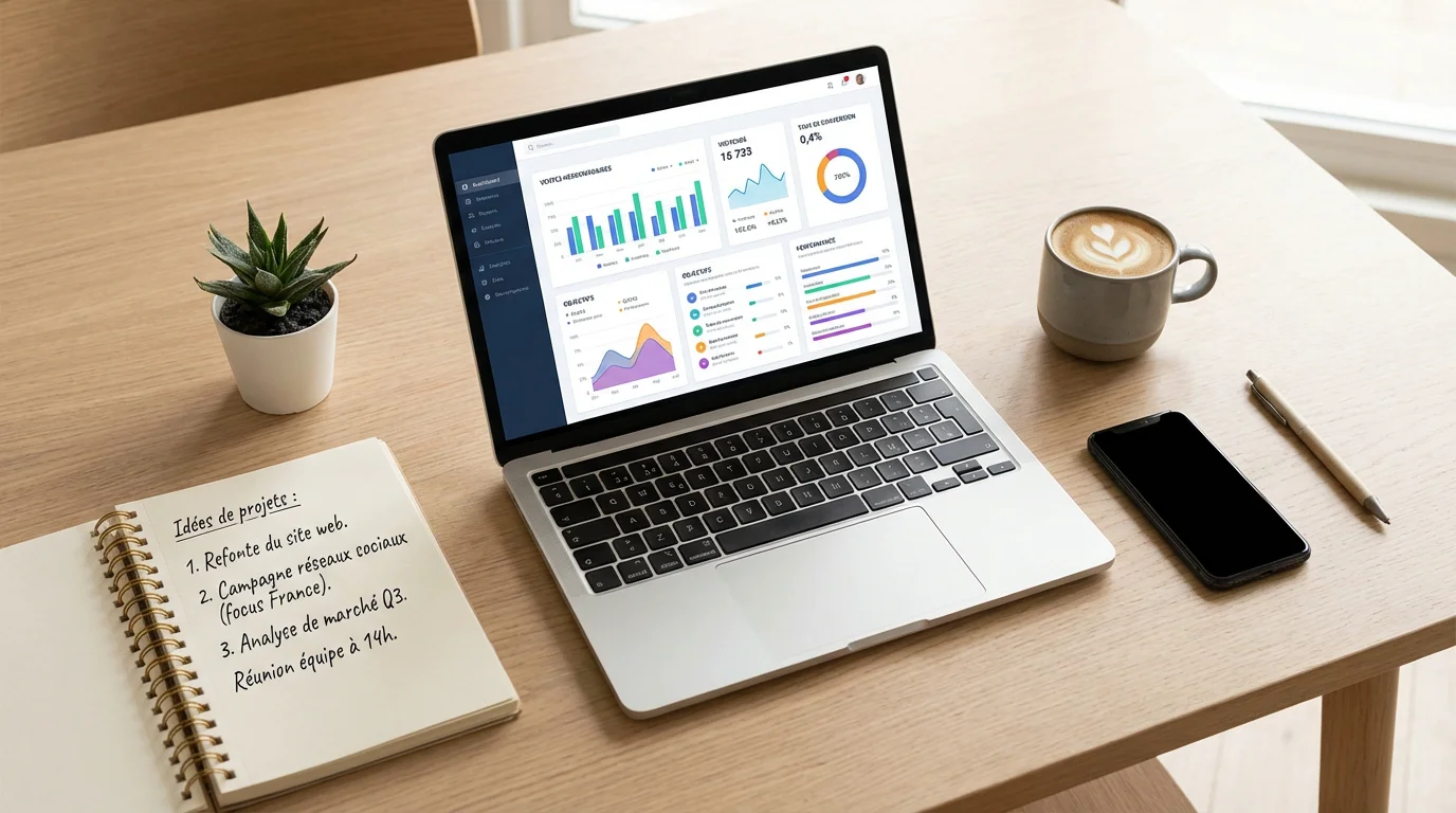 Bureau avec ordinateur affichant un tableau de bord analytics et cahier de notes en français
