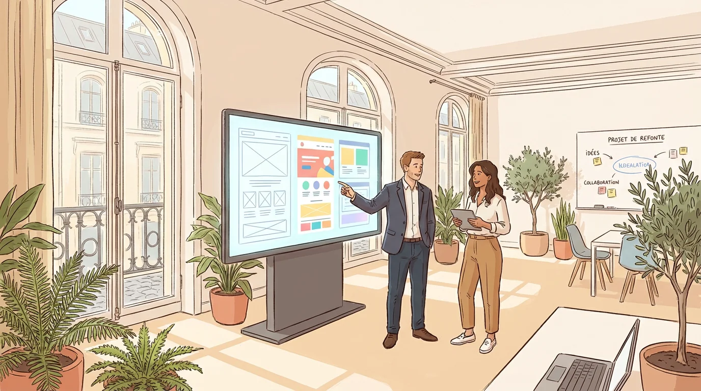 Deux consultants d'une agence de refonte de site web présentant un wireframe coloré sur grand écran dans un bureau parisien lumineux, avec un tableau blanc en arrière- plan affichant les étapes du projet de refonte : idées, idéalisation et collaboration, entouré de plantes vertes et de grandes fenêtres haussmanniennes.