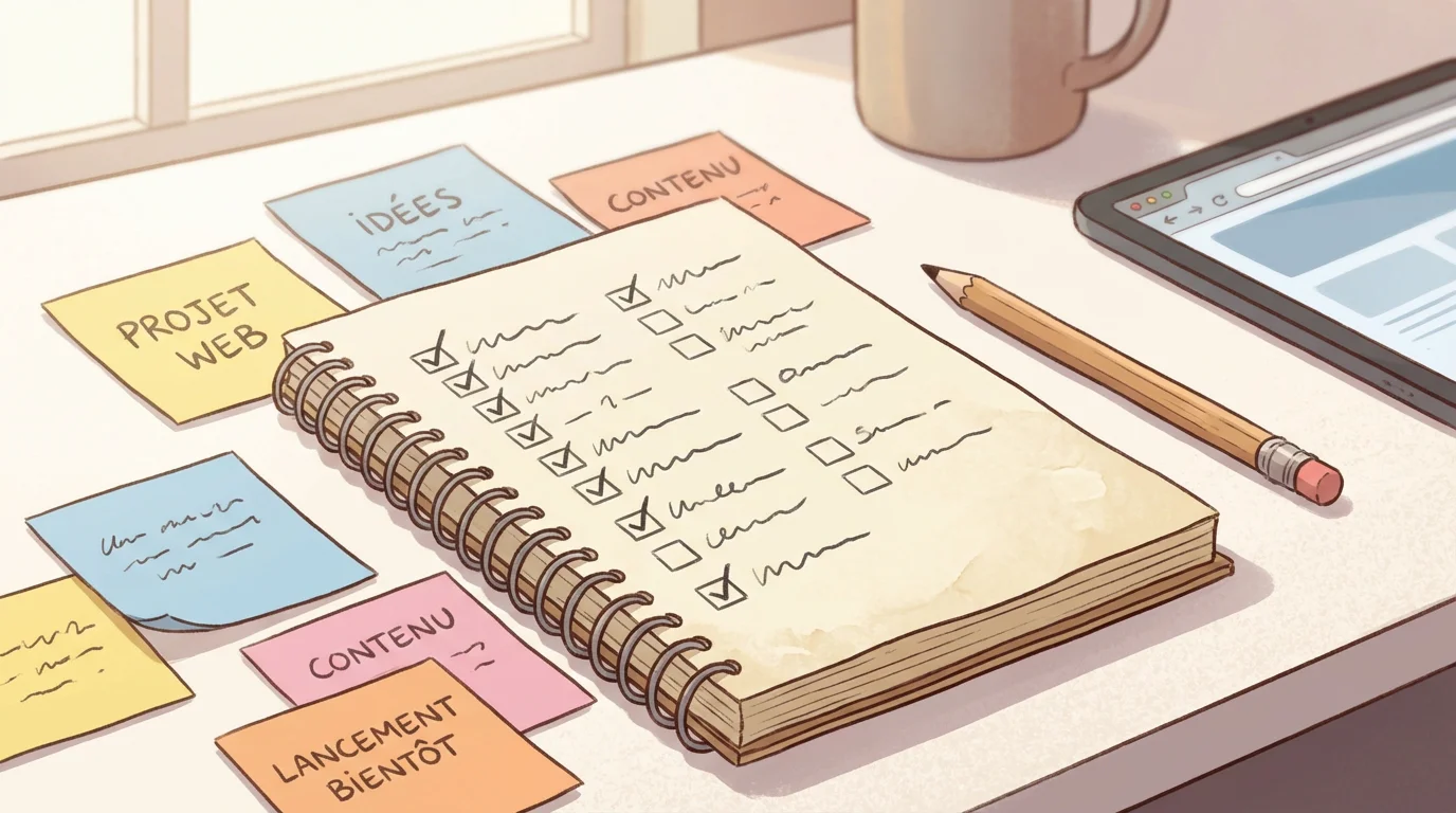 Cahier de checklist de projet de refonte de site web avec post-it colorés