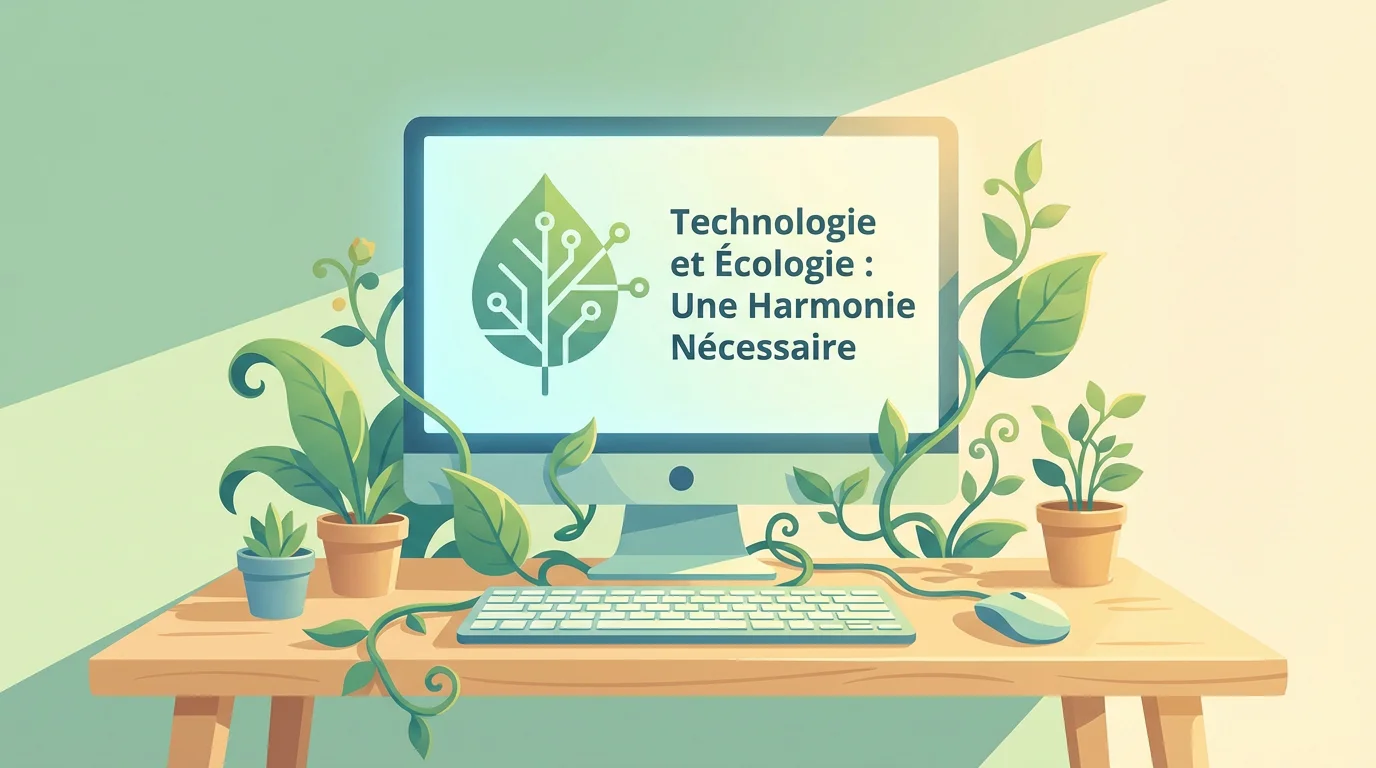 Illustration d'une agence web éco-conception montrant un ordinateur entouré de plantes, avec un visuel sur la technologie et l'écologie, symbolisant une approche digitale durable, sobre et responsable.