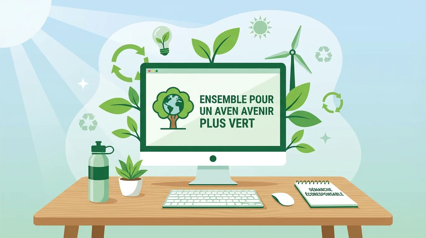 Illustration d'un écran d'ordinateur entouré de feuilles vertes symbolisant l'éco-conception web
