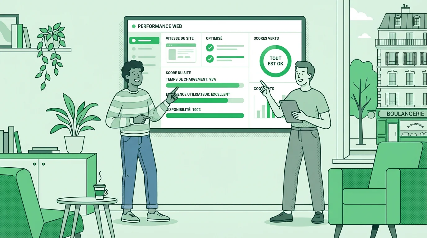 Équipe collaborant sur un projet de site web éco-conçu avec des indicateurs de performance verts
