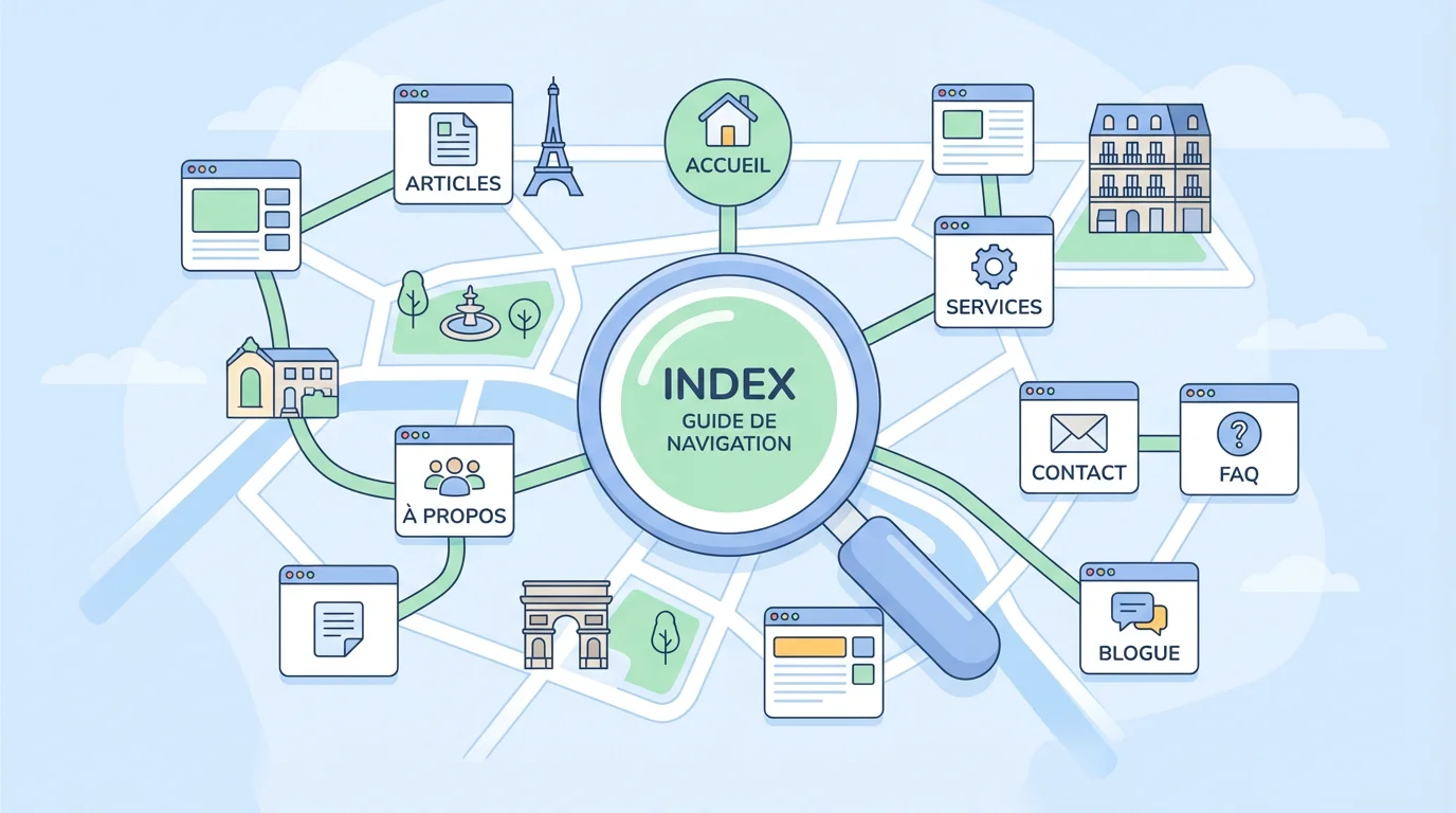 Illustration d'un exemple de site map montrant un guide de navigation web avec les pages principales d'un site (Accueil, Services, Contact, FAQ, Blog, À propos, Articles) reliées à un point central "Index".