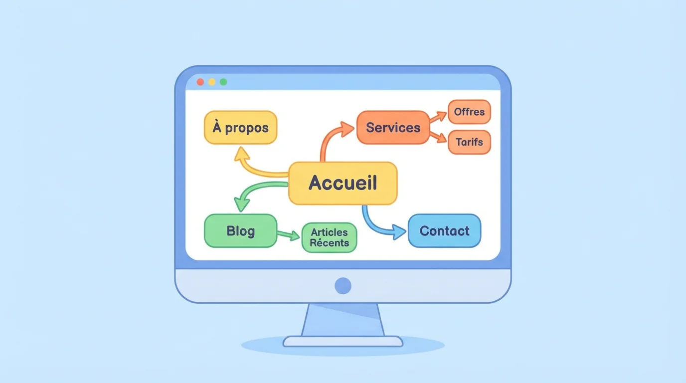 Illustration d'un site map montrant la structure d'un site web avec des pages reliées entre elles