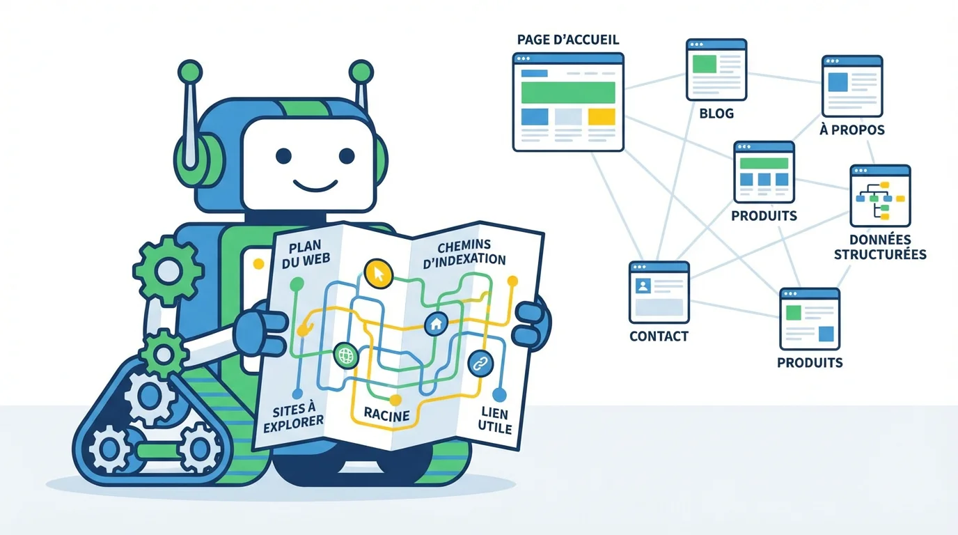 Illustration d'un robot de moteur de recherche consultant un plan de site web