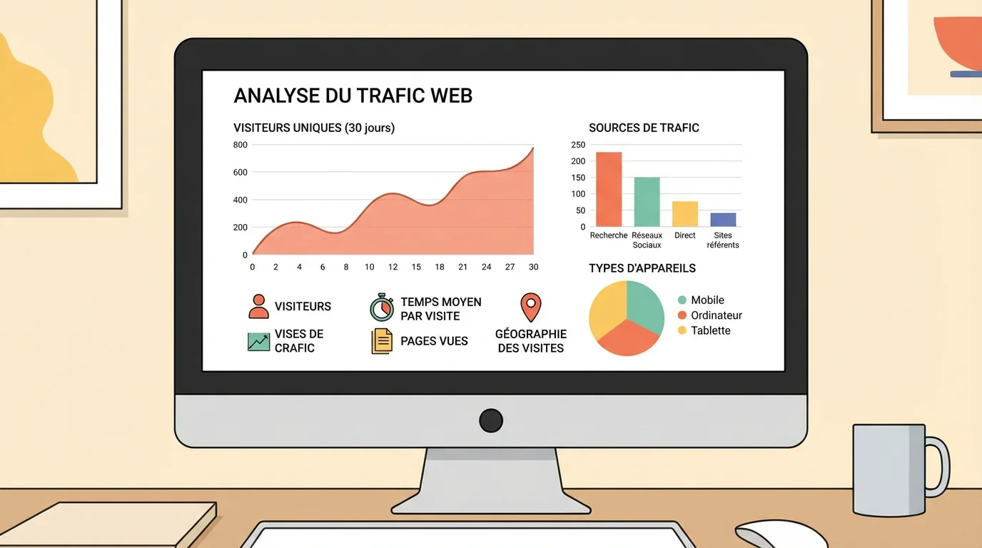 Tableau de bord d'analyse de trafic web affichant le nombre de visiteurs d'un site, les visites uniques sur 30 jours, les sources de trafic, les pages vues, la géographie des visites et la répartition par type d'appareil.