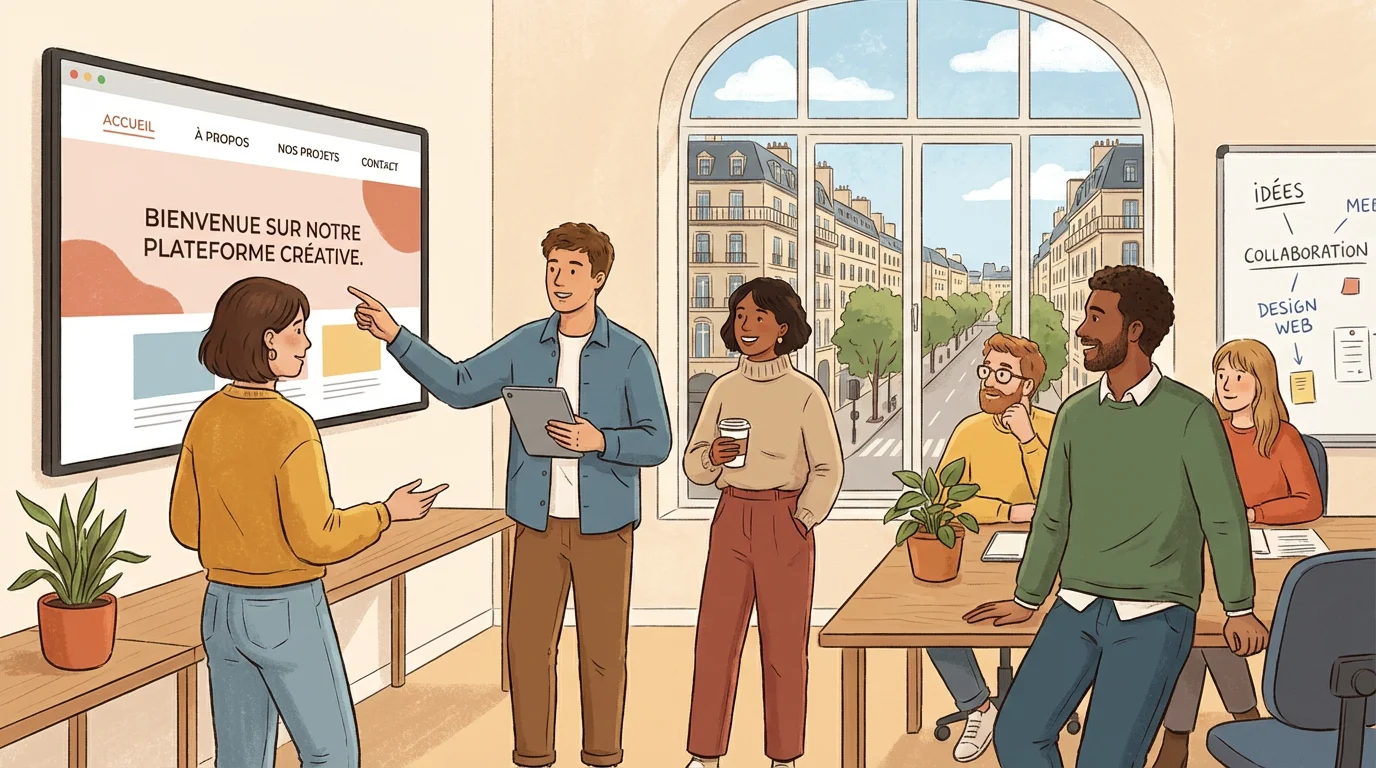 Illustration d'une équipe en réunion dans la meilleure agence web, présentant une plateforme créative sur grand écran, avec des collaborateurs échangeant autour d'un projet digital, dans un bureau lumineux avec vue sur Paris.