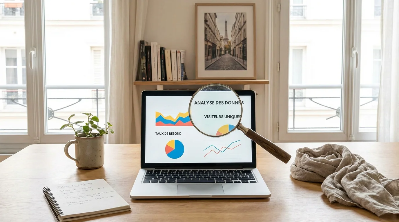 Illustration d'un bureau avec un ordinateur affichant une analyse de trafic web, une loupe sur des données de visiteurs uniques, de taux de rebond, de sources de trafic et de pages vues, pour connaître le trafic d'un site concurrent.