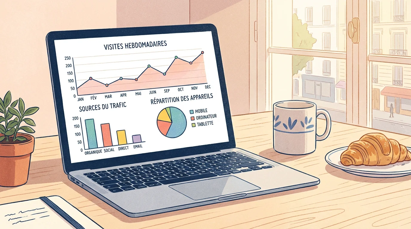 Écran d'ordinateur affichant des graphiques d'analyse de trafic web avec des courbes et des diagrammes