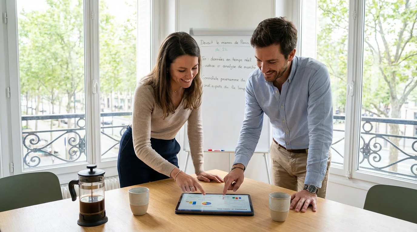 Deux professionnels analysant ensemble des données de trafic sur une tablette dans un bureau moderne