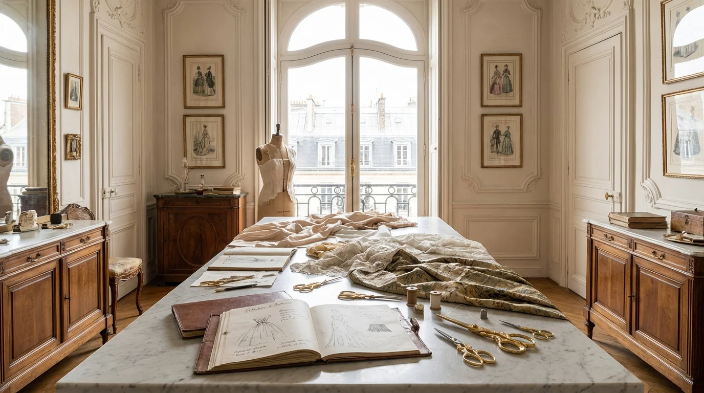 Atelier parisien d'une agence de marketing de luxe présentant un espace de travail haute couture avec tissus précieux, mannequin, croquis, ciseaux dorés et livres anciens sur une grande table en marbre, entouré de mobilier d'époque et vue haussmannienne.