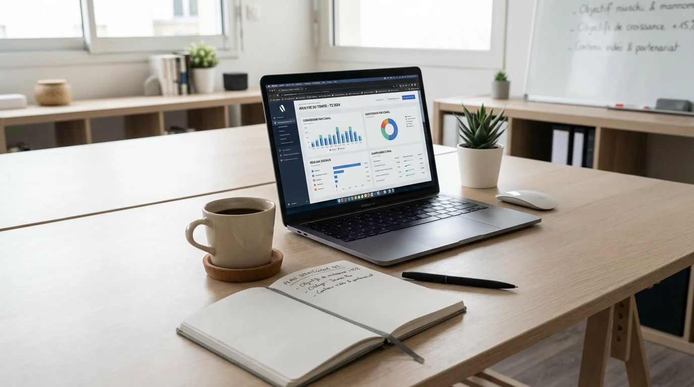 Bureau moderne avec ordinateur portable affichant des tableaux de bord marketing