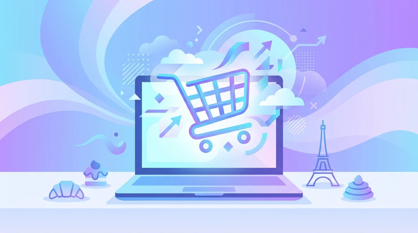 Illustration d'une agence web WooCommerce experte en création de boutiques e-commerce en France, avec panier d'achat sur ordinateur portable, symbole Tour Eiffel et croissant évoquant le marché français.