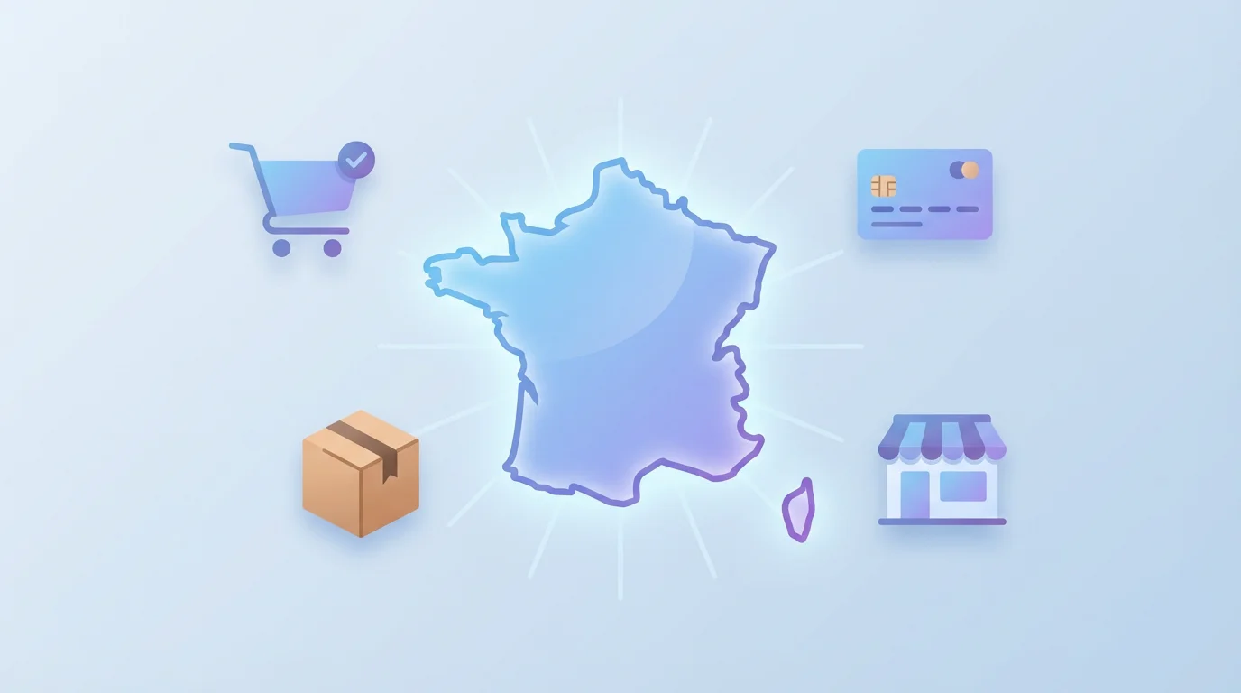 Illustration de la France et d'icônes e-commerce symbolisant la domination de WooCommerce sur le marché français