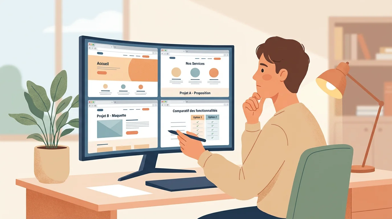 Illustration d'une personne comparant des propositions d'agences web sur son écran