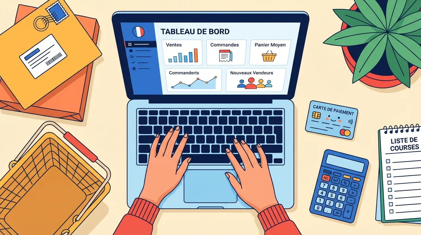 Tableau de bord e-commerce d'une agence web marketplace sur ordinateur portable, affichant graphiques ventes, commandes, fournisseurs et panier ; entouré de documents, carte bancaire, calculette et liste de courses pour gestion complète.