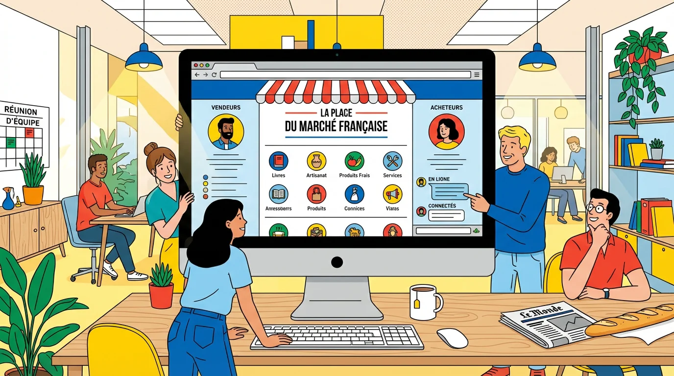 Réunion entre un client et une équipe d'agence web pour un projet de marketplace