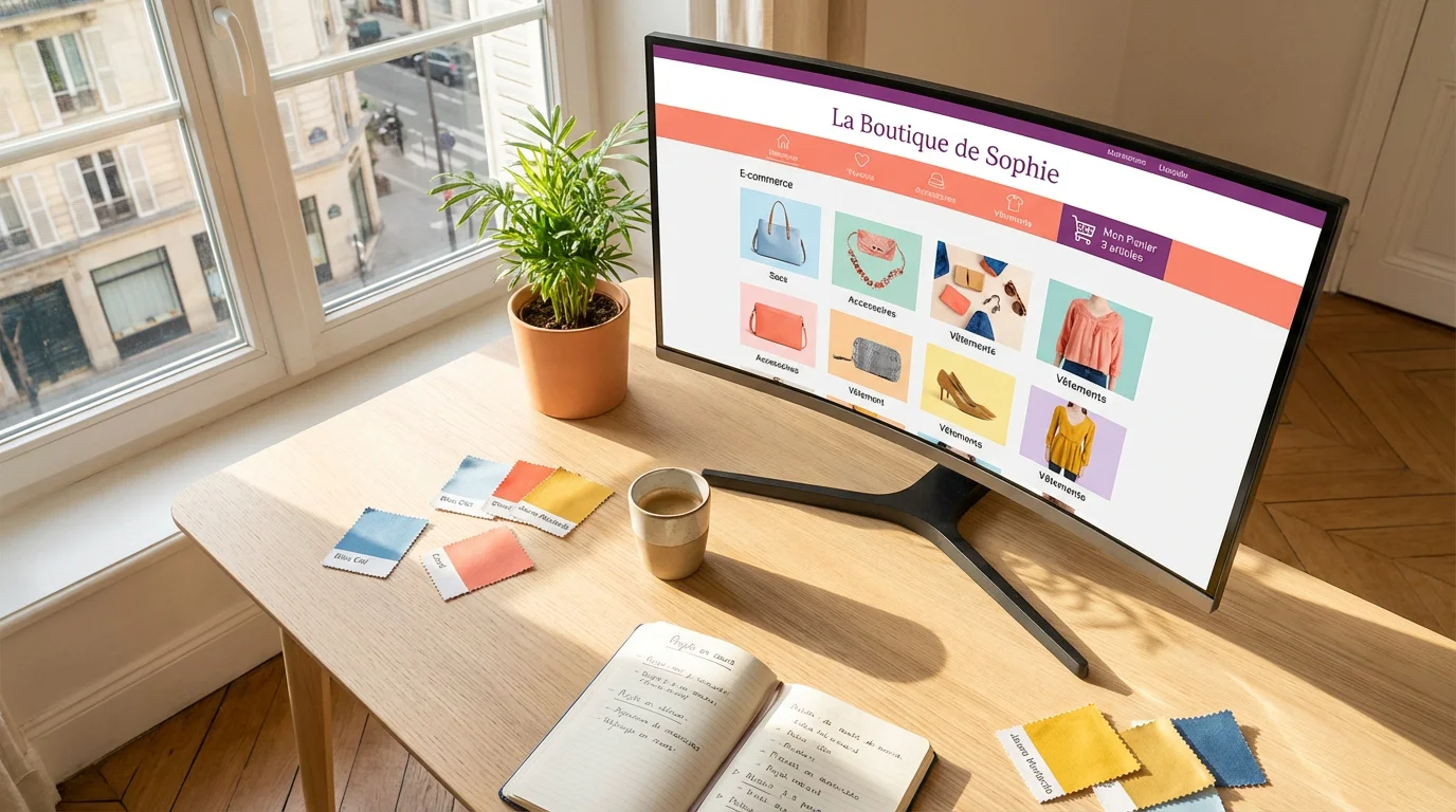 Web designer présentant la boutique en ligne "La Boutique de Sophie" sur écran incurvé : site e-commerce mode féminin avec sacs, chaussures, vêtements ; bureau parisien lumineux avec plantes, carnet notes, échantillons couleurs et café.