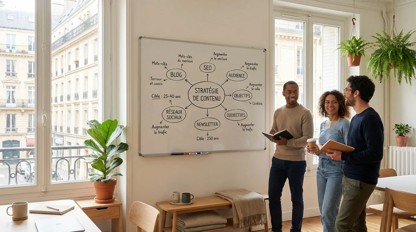 Équipe diverse d'une agence digitale brainstormant stratégie de contenu web sur grand tableau blanc : mindmap centrale "Stratégie de Contenu" avec branches blog, réseaux sociaux, audience, objectifs, calendrier ; bureau parisien lumineux avec plantes et vue immeubles.