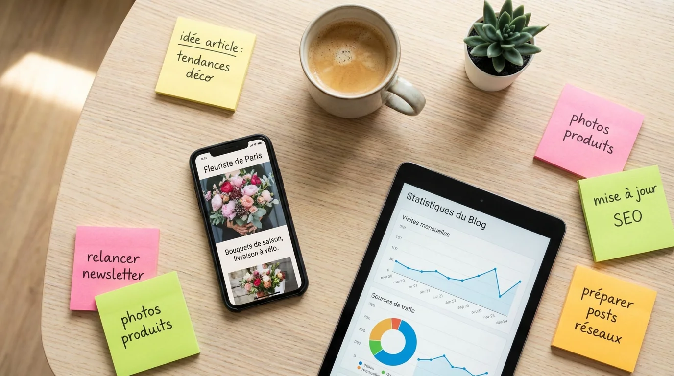 Vue à plat d'un espace de travail avec smartphone et idées de contenu web