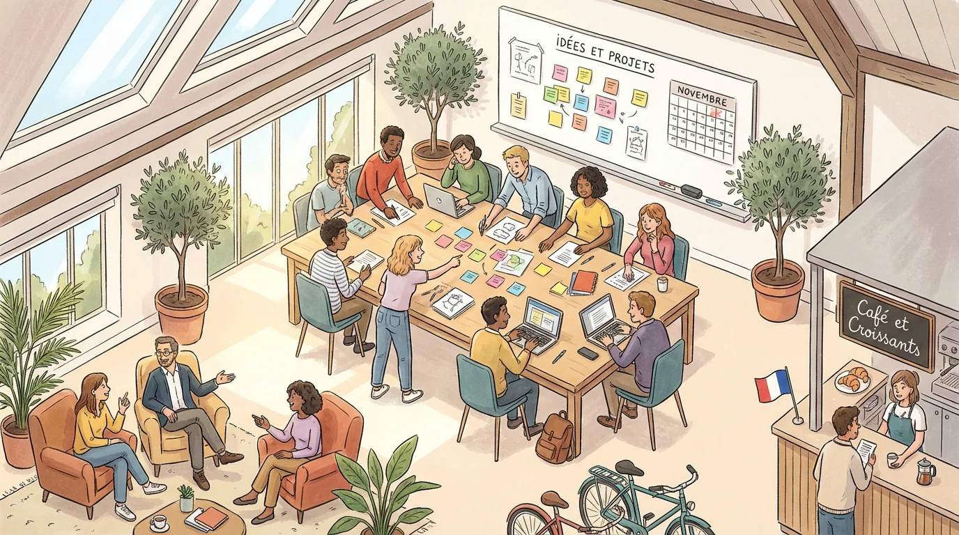 Réunion d'équipe dynamique dans agence de rédaction de contenu web : grande table collaborative avec post-it, laptops, documents ; tableau "Idées Projets" calendrier post-it, plantes, café, drapeau français, bureau lumineux toit vitré pour brainstorming créatif.