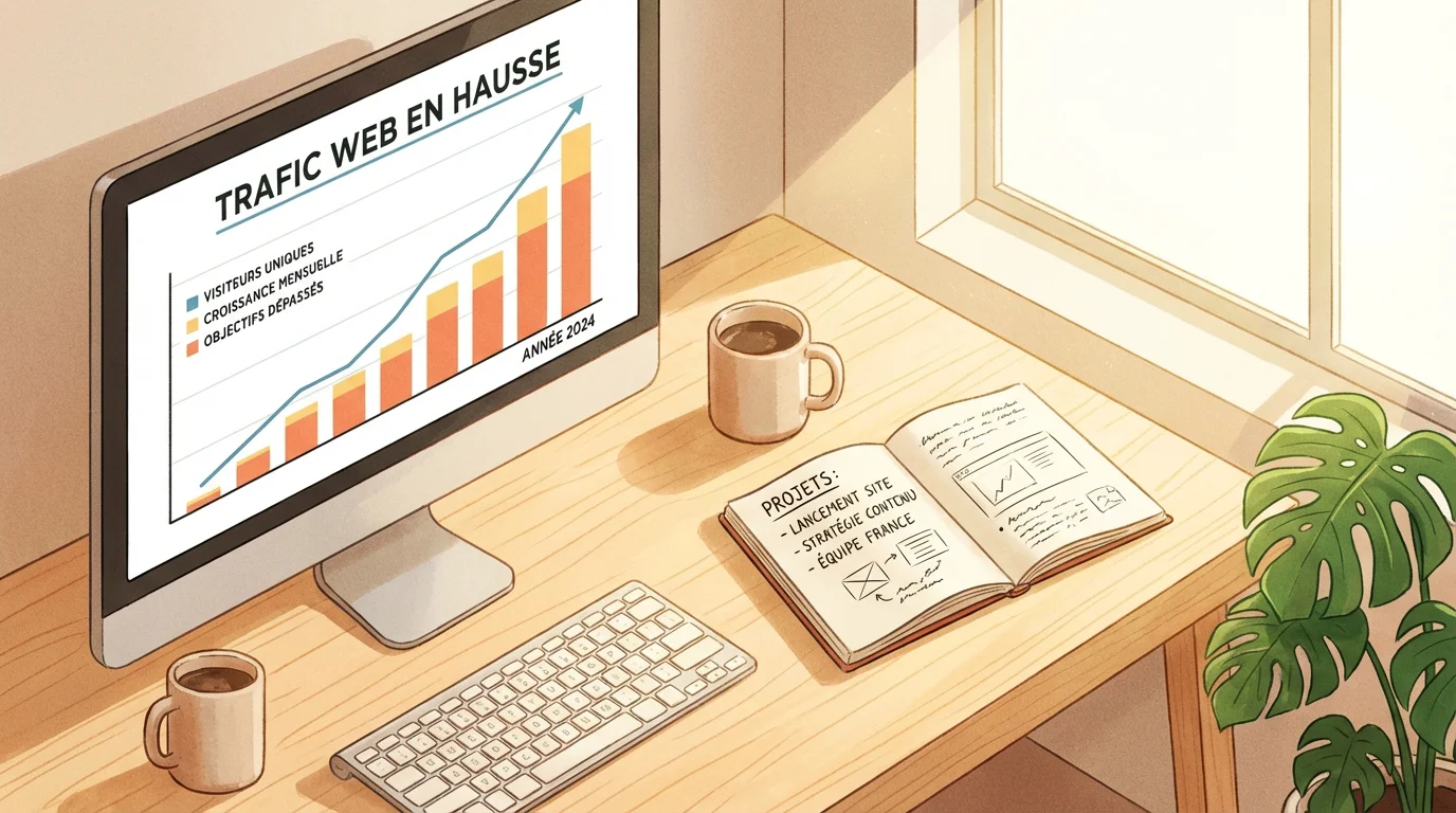 Bureau moderne avec écran affichant des statistiques de trafic web en hausse