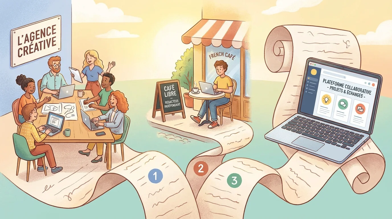 Illustration des trois options pour la rédaction web : agence, freelance et plateforme