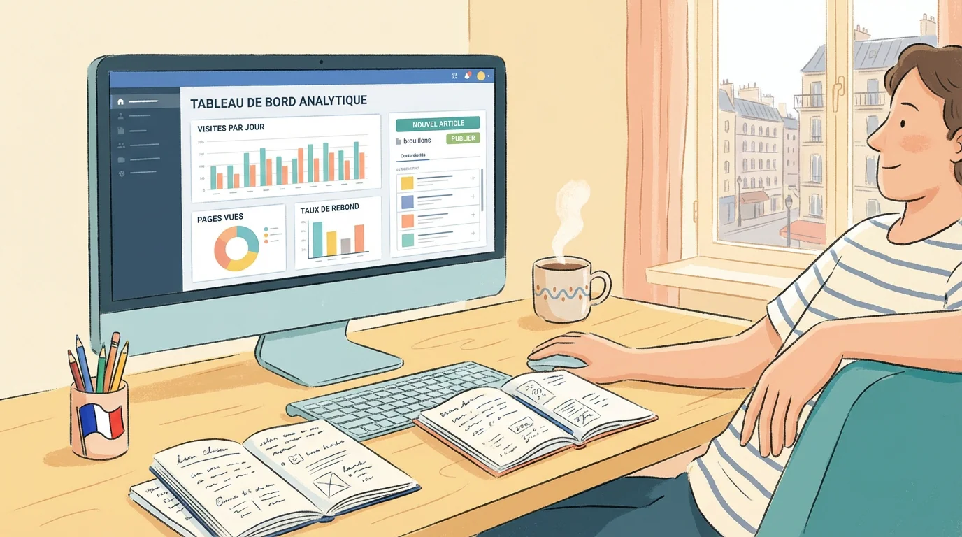 Gestionnaire de site internet analysant tableau de bord "TABELAU DE BORD ANALYTICS" sur écran : graphiques visites/pages, camemberts ; bureau parisien vue Haussmann, crayons, drapeau français, carnets notes, tasse café fumante pour monitoring performance web.
