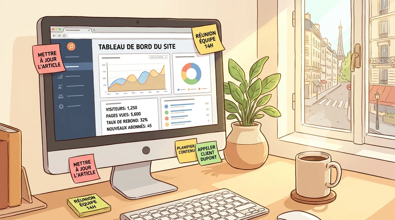 Bureau de gestionnaire de site internet avec tableau de bord de gestion web sur écran