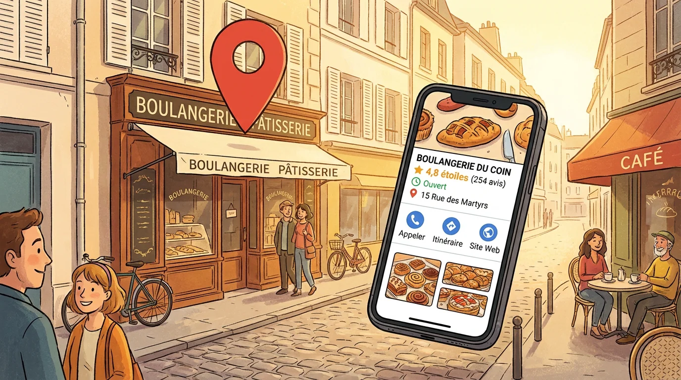 Écran smartphone Google Business Profile boulangerie-pâtisserie française parisienne avec épingle rouge localisation, boutons "Appeler", "Itinéraire", "Site web", vignettes pains-croissants ; rue pittoresque cafés vélos pour optimisation fiche établissement local SEO.