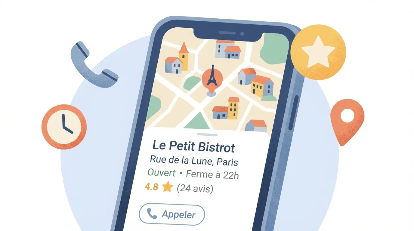 Bureau français avec un ordinateur affichant des statistiques de visibilité locale et un smartphone